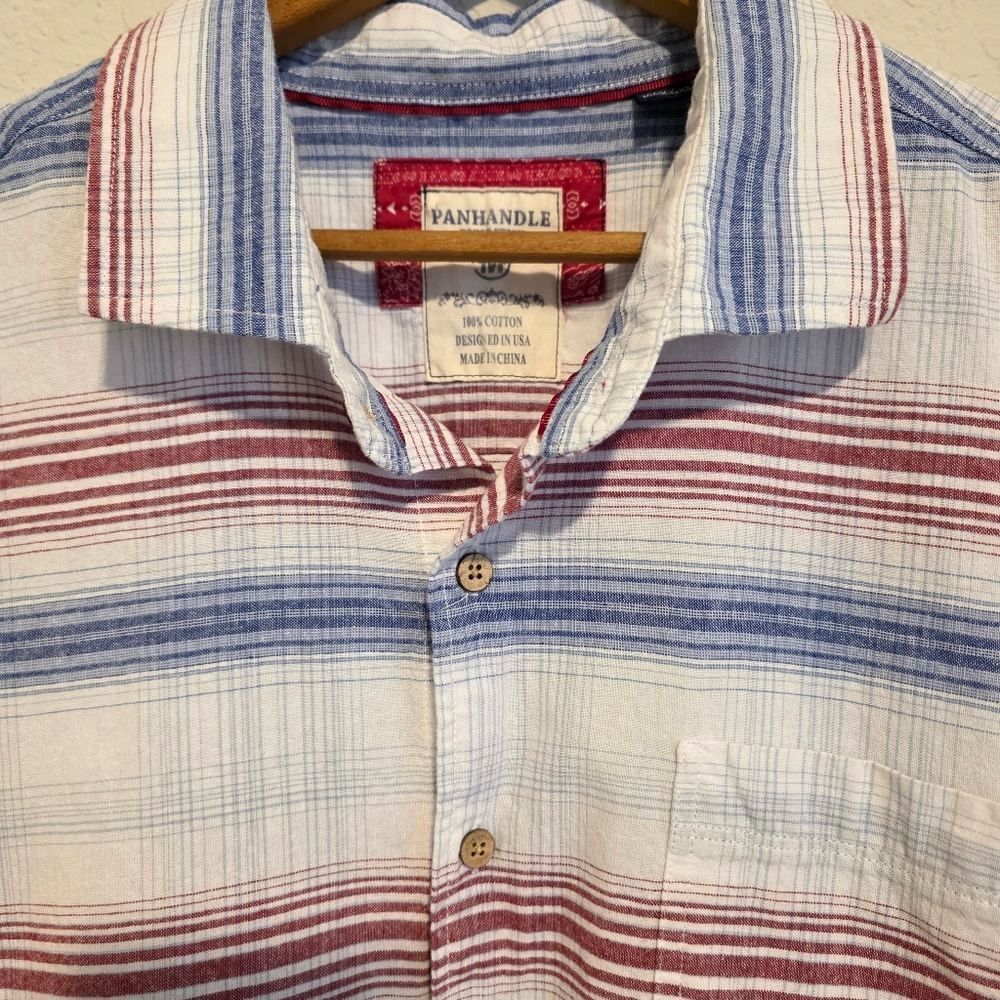 Panhandle Rough Stock Button Up Shirt Red White Blue Cotton Short Sleeve Men's M